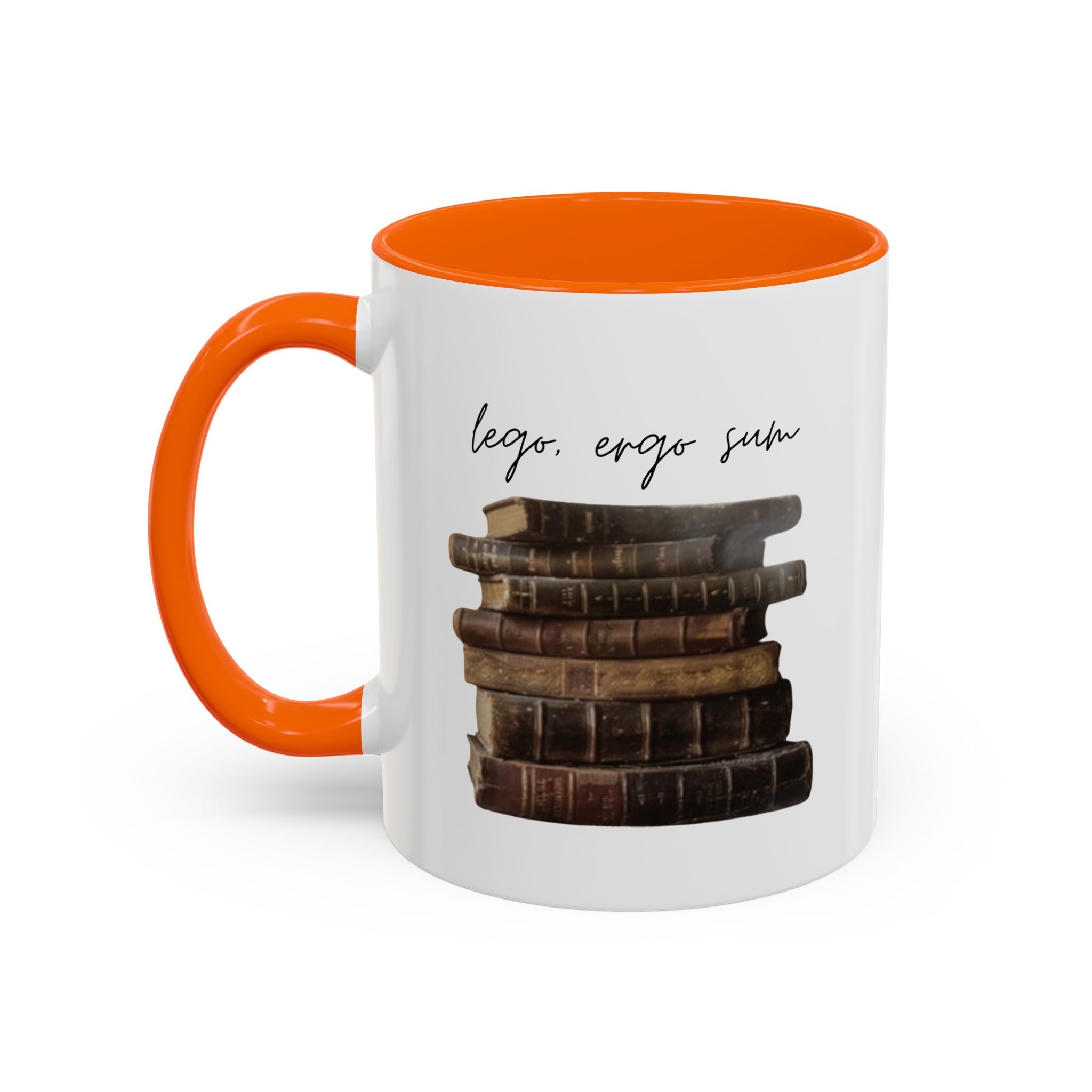 Accent Coffee Mug — 'Lego, Ergo Sum' Vintage Books Stack Ceramic Mug (11/15 oz)