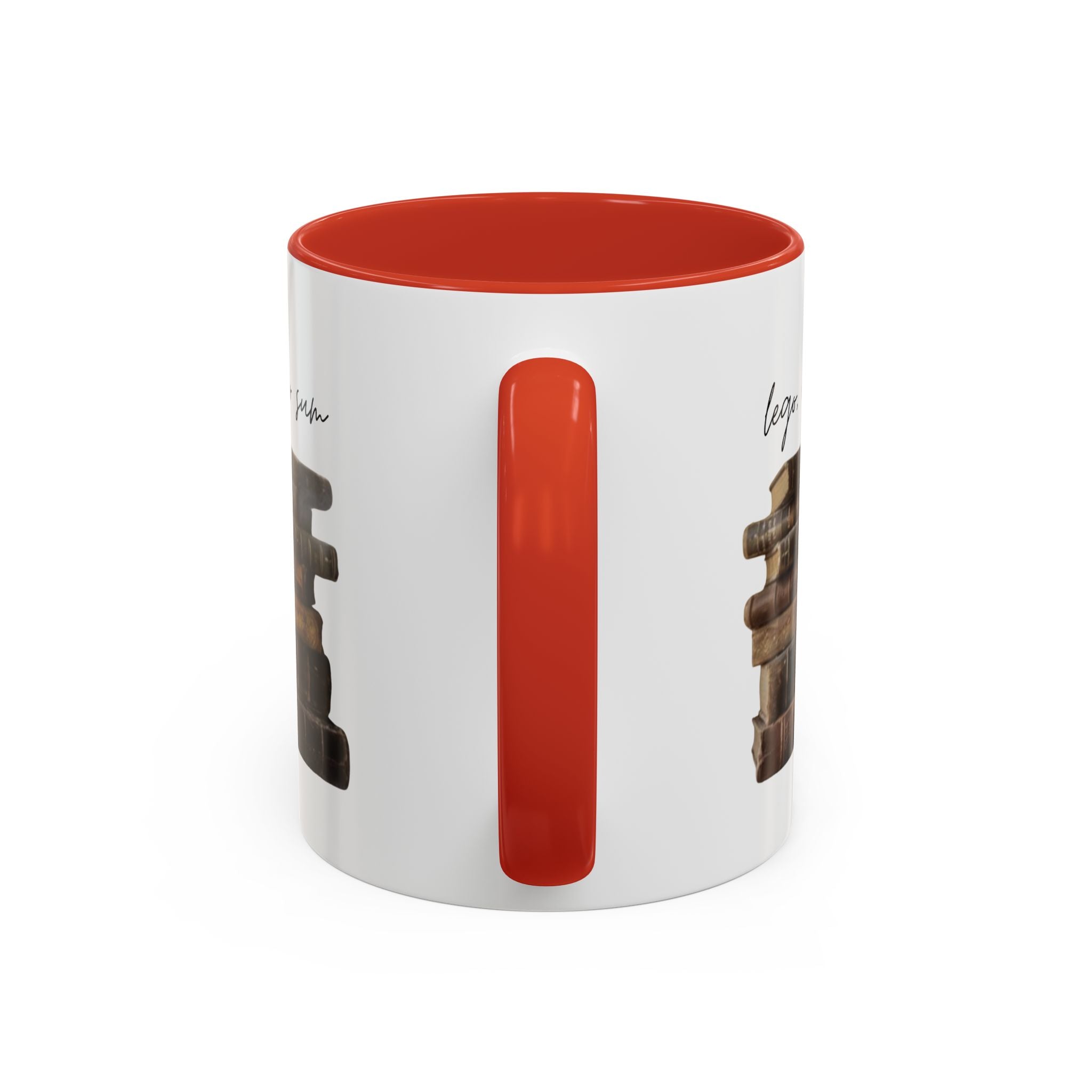 Accent Coffee Mug — 'Lego, Ergo Sum' Vintage Books Stack Ceramic Mug (11/15 oz)