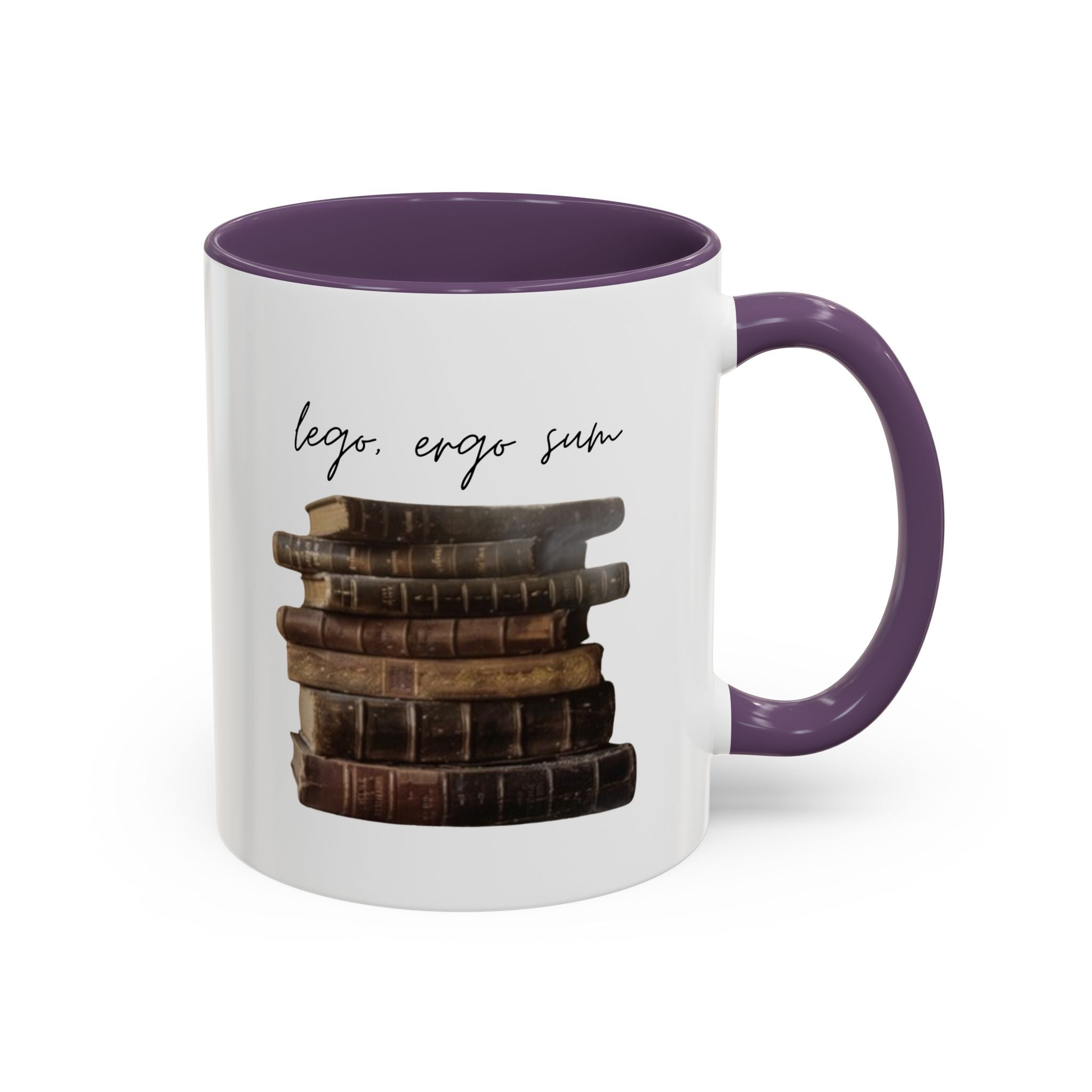 Accent Coffee Mug — 'Lego, Ergo Sum' Vintage Books Stack Ceramic Mug (11/15 oz)