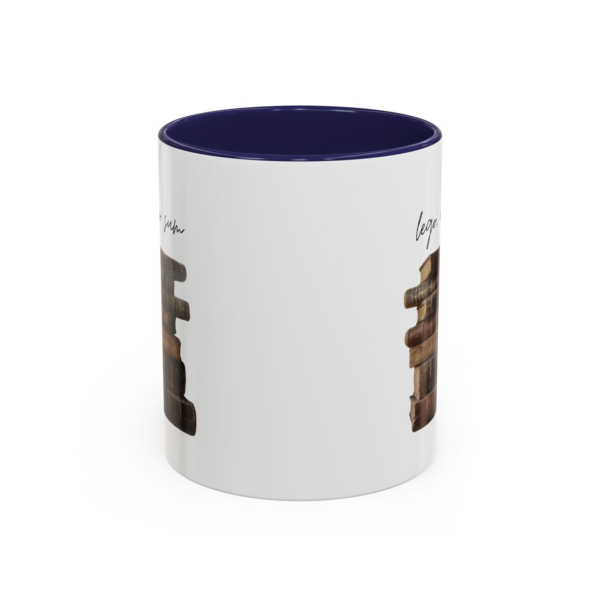 Accent Coffee Mug — 'Lego, Ergo Sum' Vintage Books Stack Ceramic Mug (11/15 oz)