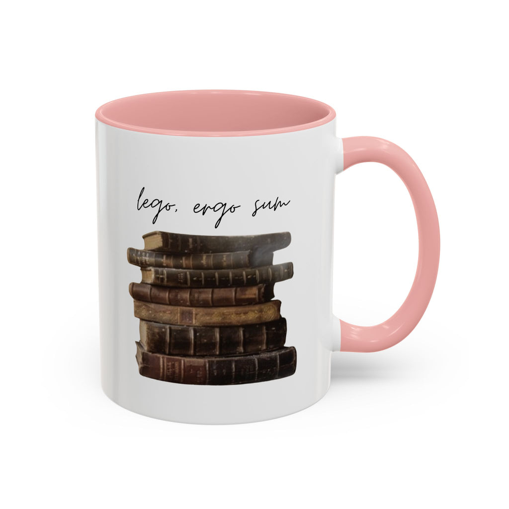 Accent Coffee Mug — 'Lego, Ergo Sum' Vintage Books Stack Ceramic Mug (11/15 oz)