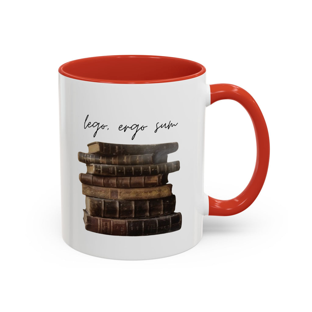 Accent Coffee Mug — 'Lego, Ergo Sum' Vintage Books Stack Ceramic Mug (11/15 oz)