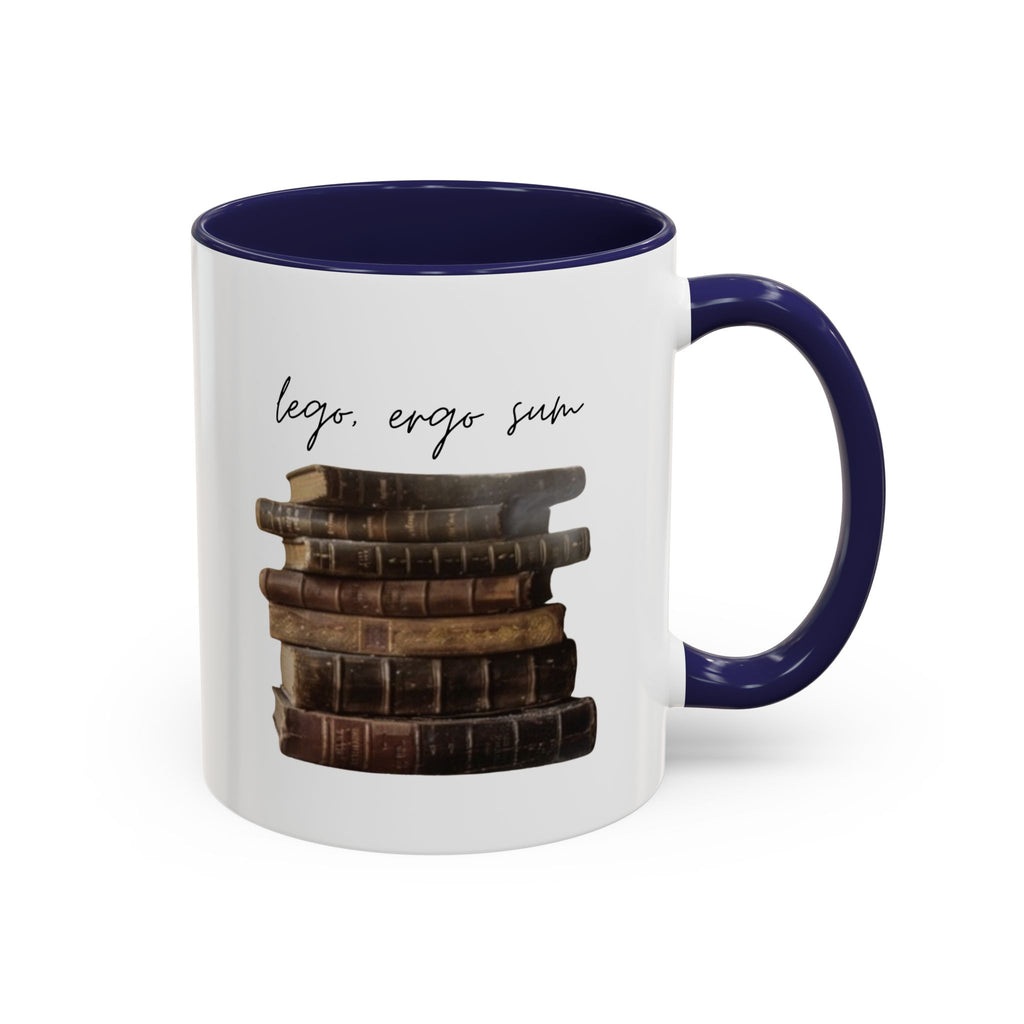 Accent Coffee Mug — 'Lego, Ergo Sum' Vintage Books Stack Ceramic Mug (11/15 oz)