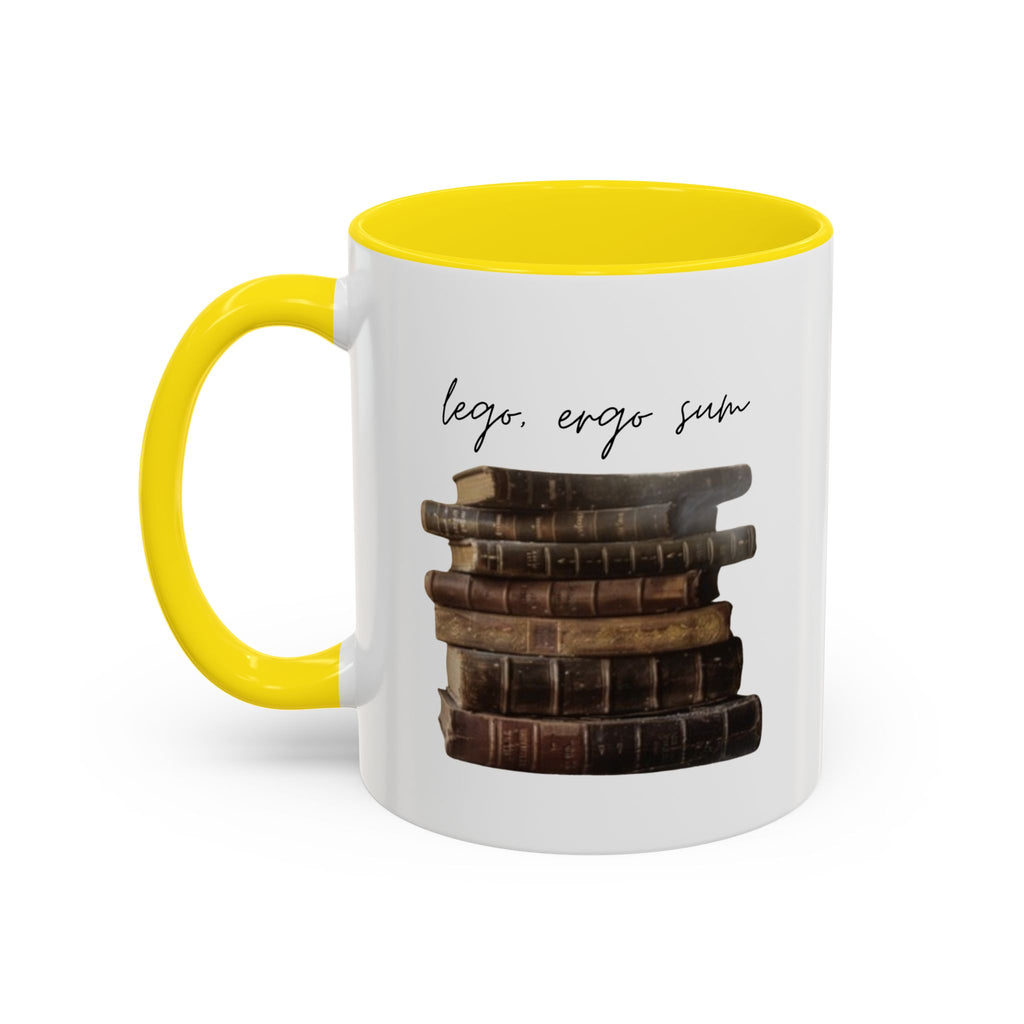 Accent Coffee Mug — 'Lego, Ergo Sum' Vintage Books Stack Ceramic Mug (11/15 oz)