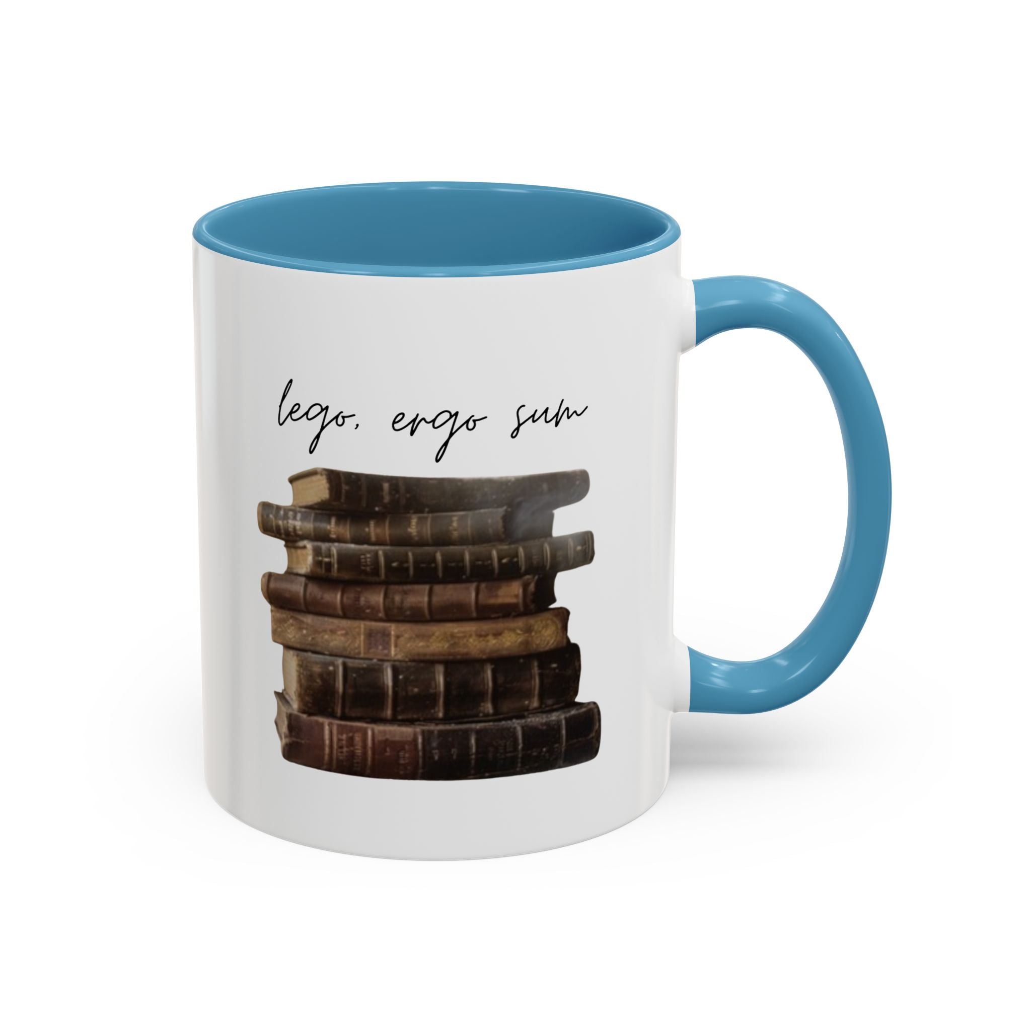 Accent Coffee Mug — 'Lego, Ergo Sum' Vintage Books Stack Ceramic Mug (11/15 oz)
