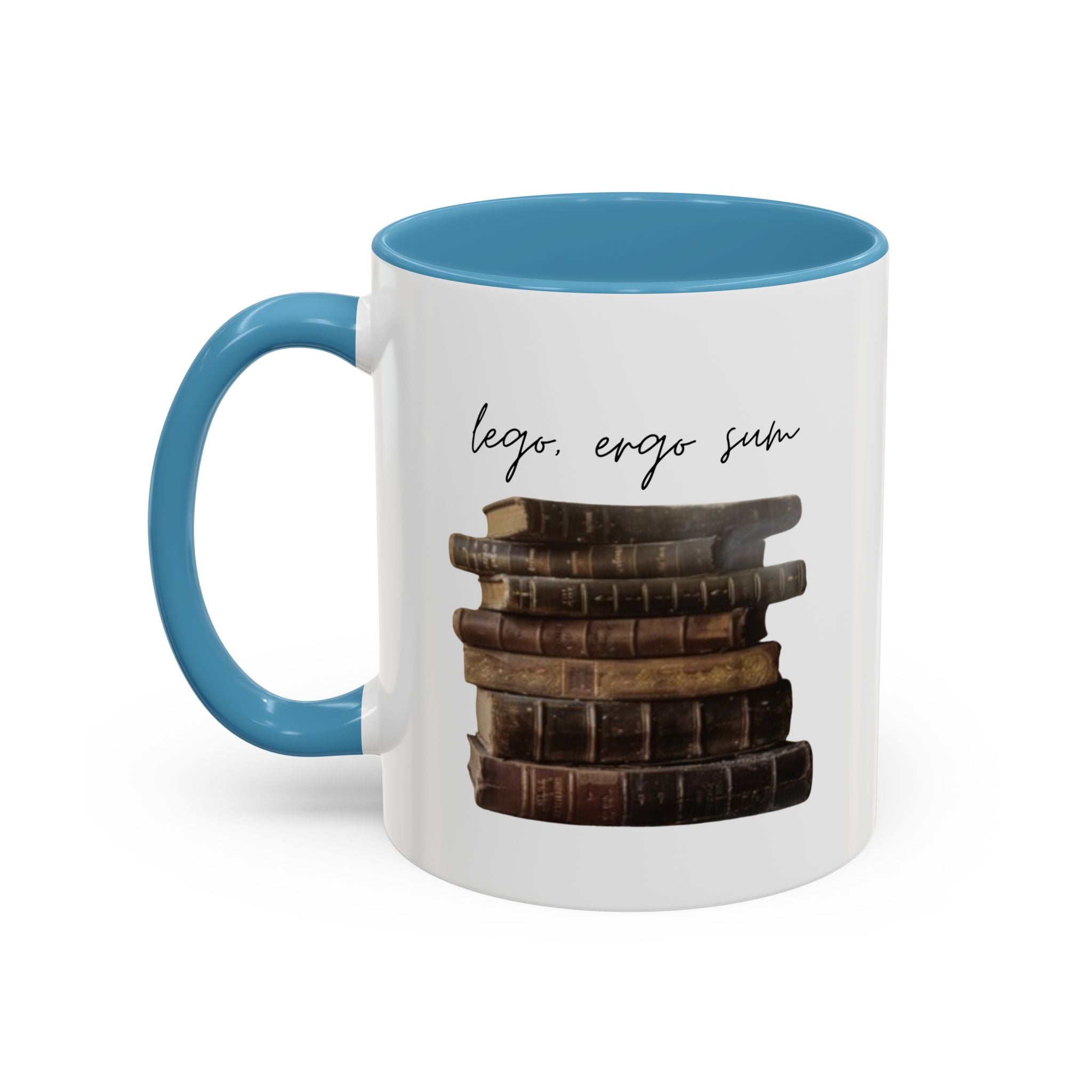Accent Coffee Mug — 'Lego, Ergo Sum' Vintage Books Stack Ceramic Mug (11/15 oz)