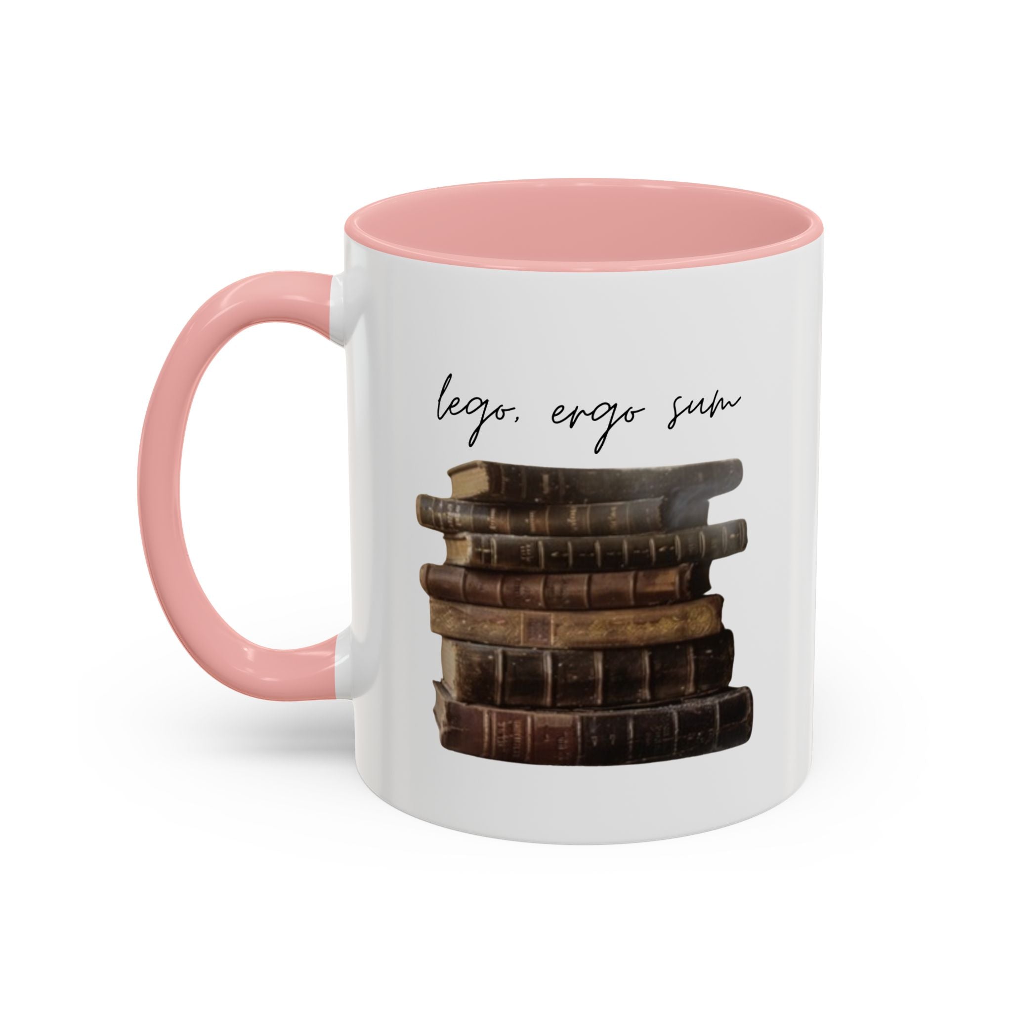 Accent Coffee Mug — 'Lego, Ergo Sum' Vintage Books Stack Ceramic Mug (11/15 oz)