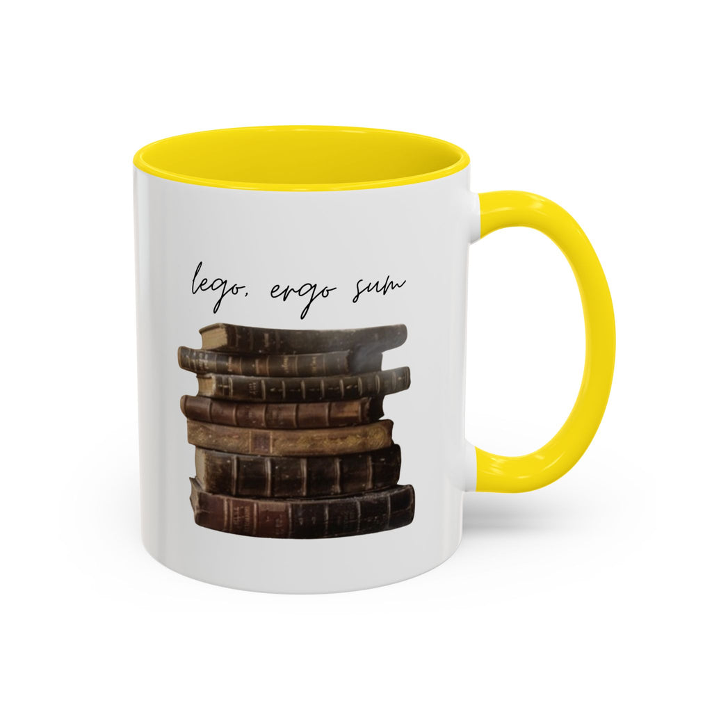 Accent Coffee Mug — 'Lego, Ergo Sum' Vintage Books Stack Ceramic Mug (11/15 oz)