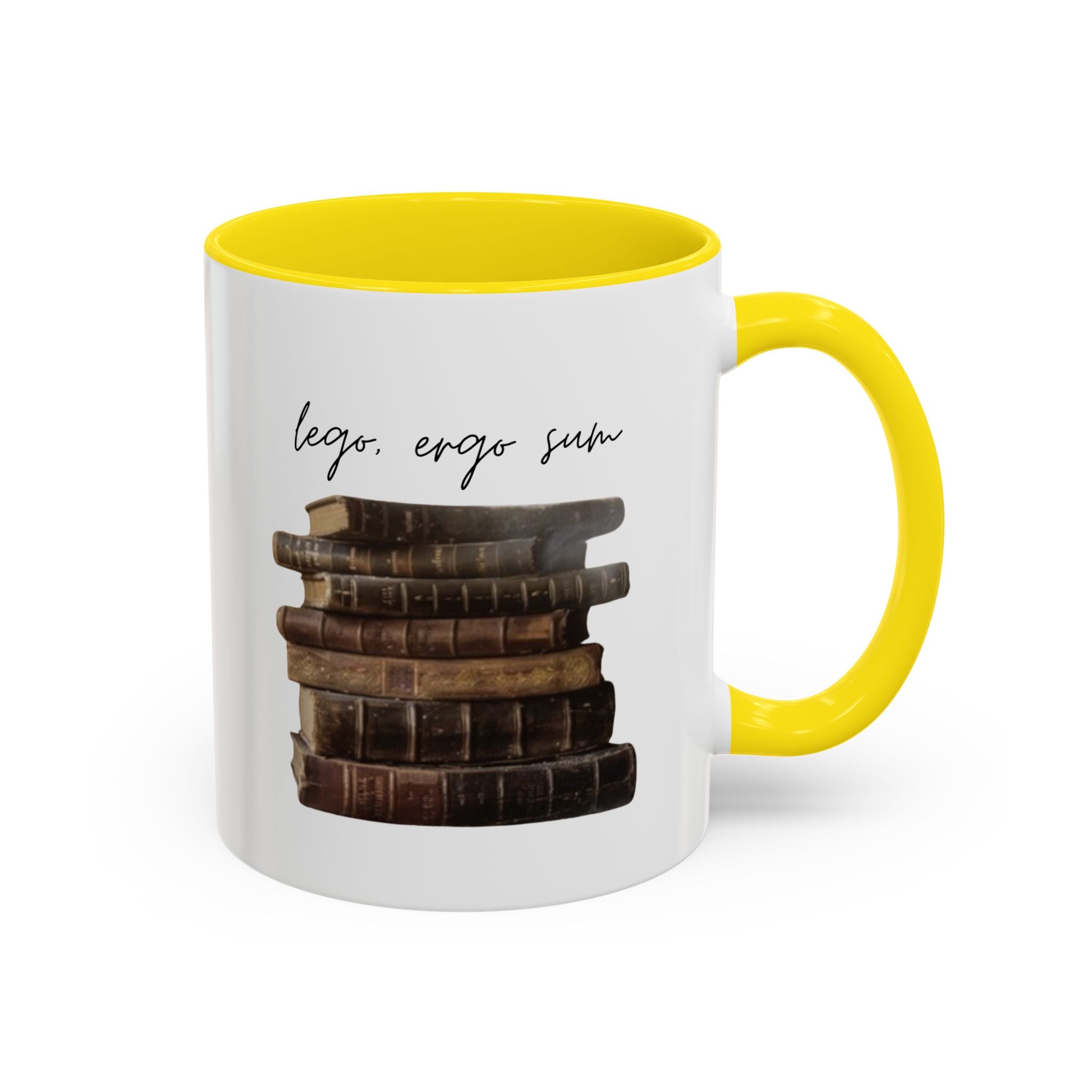 Accent Coffee Mug — 'Lego, Ergo Sum' Vintage Books Stack Ceramic Mug (11/15 oz)