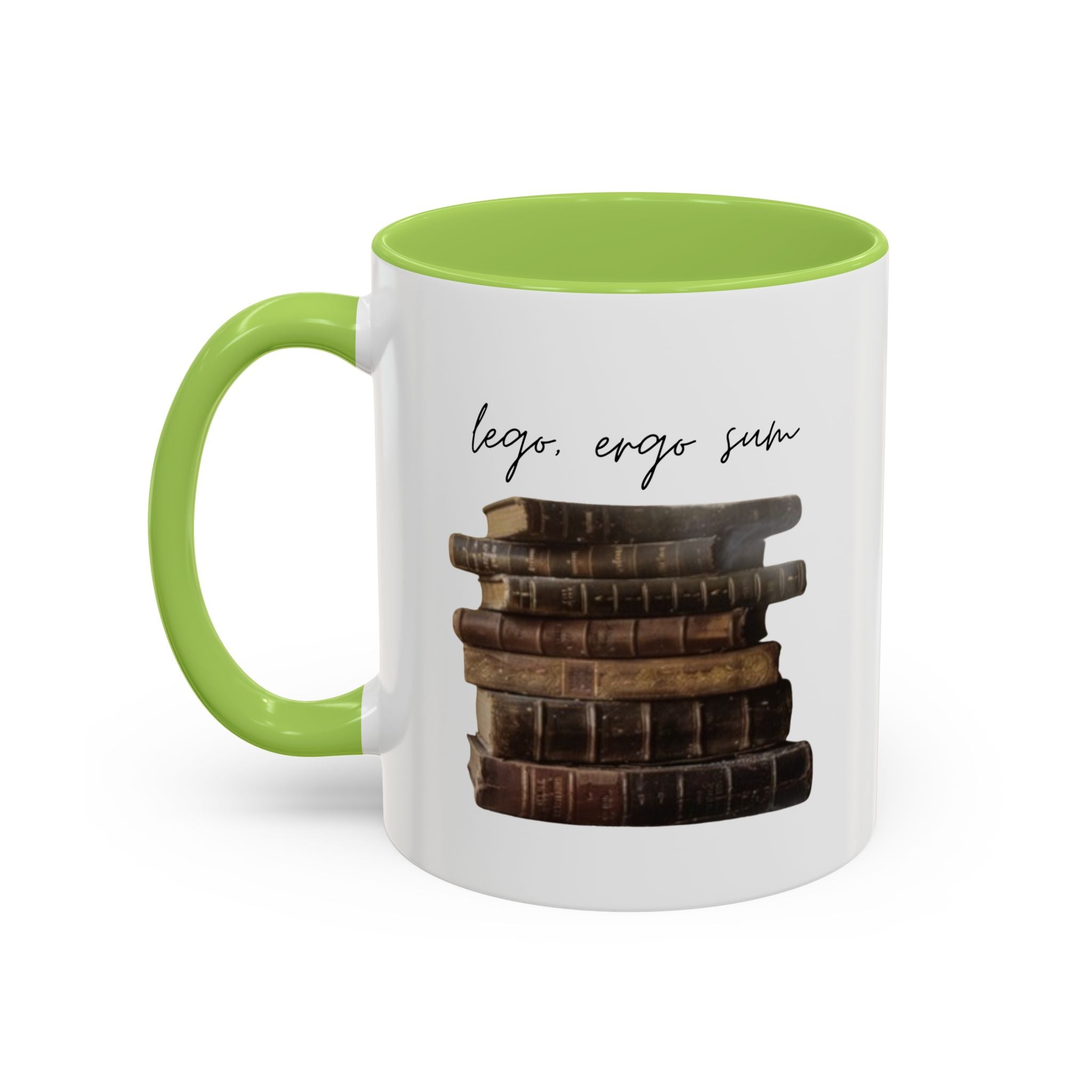 Accent Coffee Mug — 'Lego, Ergo Sum' Vintage Books Stack Ceramic Mug (11/15 oz)