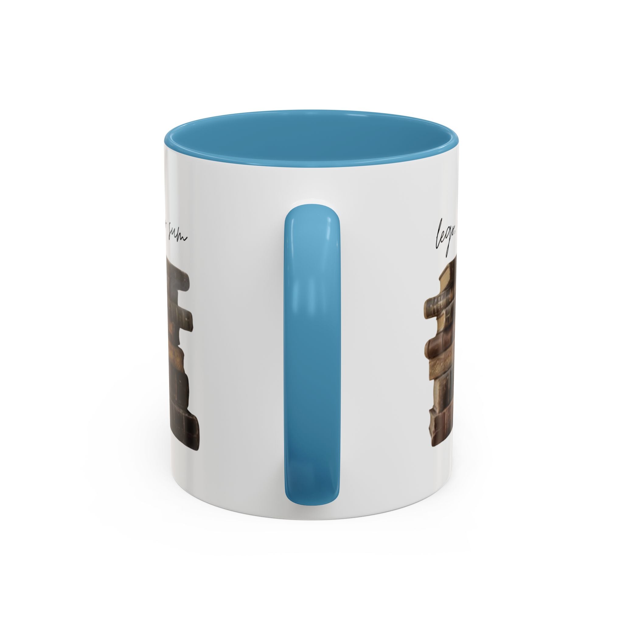 Accent Coffee Mug — 'Lego, Ergo Sum' Vintage Books Stack Ceramic Mug (11/15 oz)