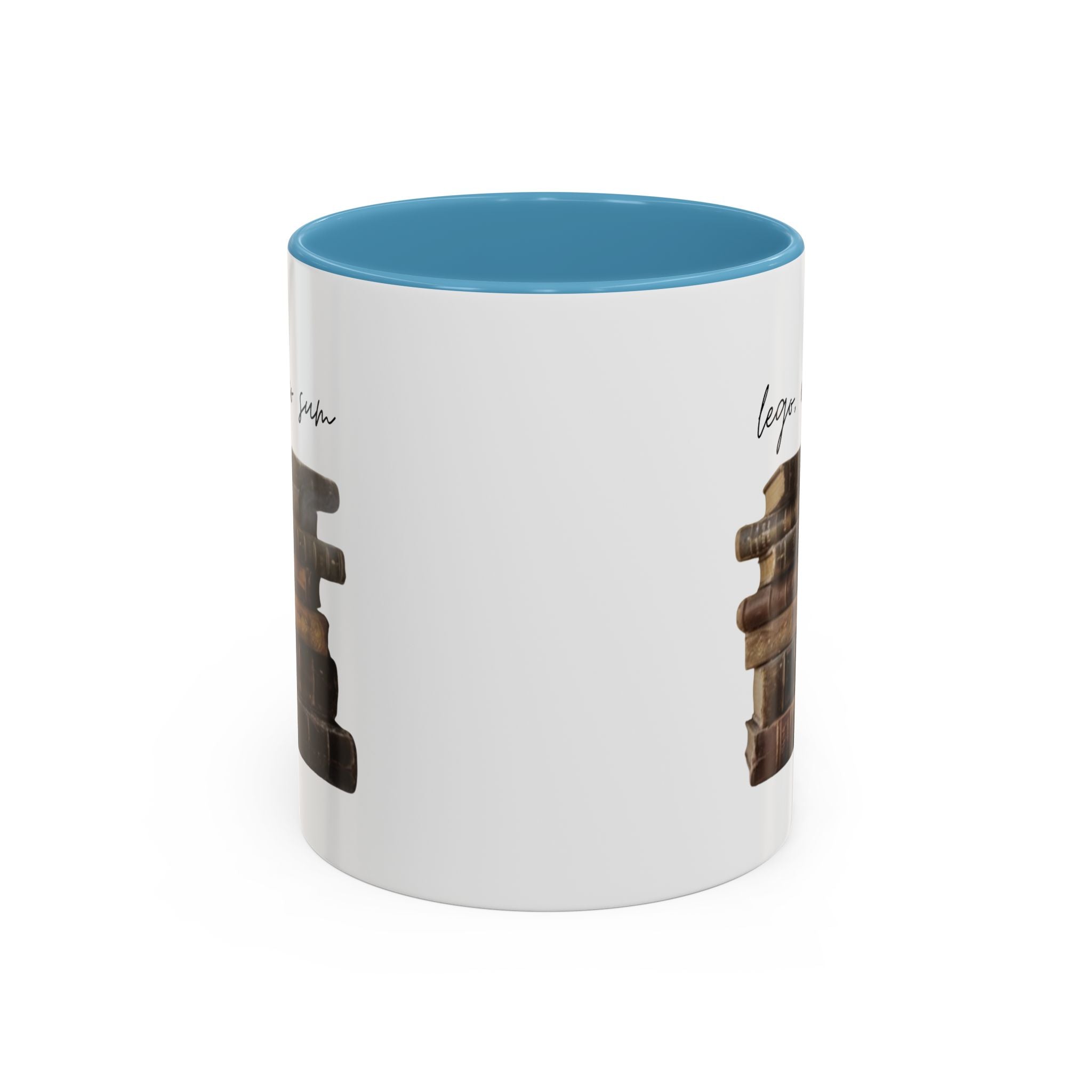 Accent Coffee Mug — 'Lego, Ergo Sum' Vintage Books Stack Ceramic Mug (11/15 oz)