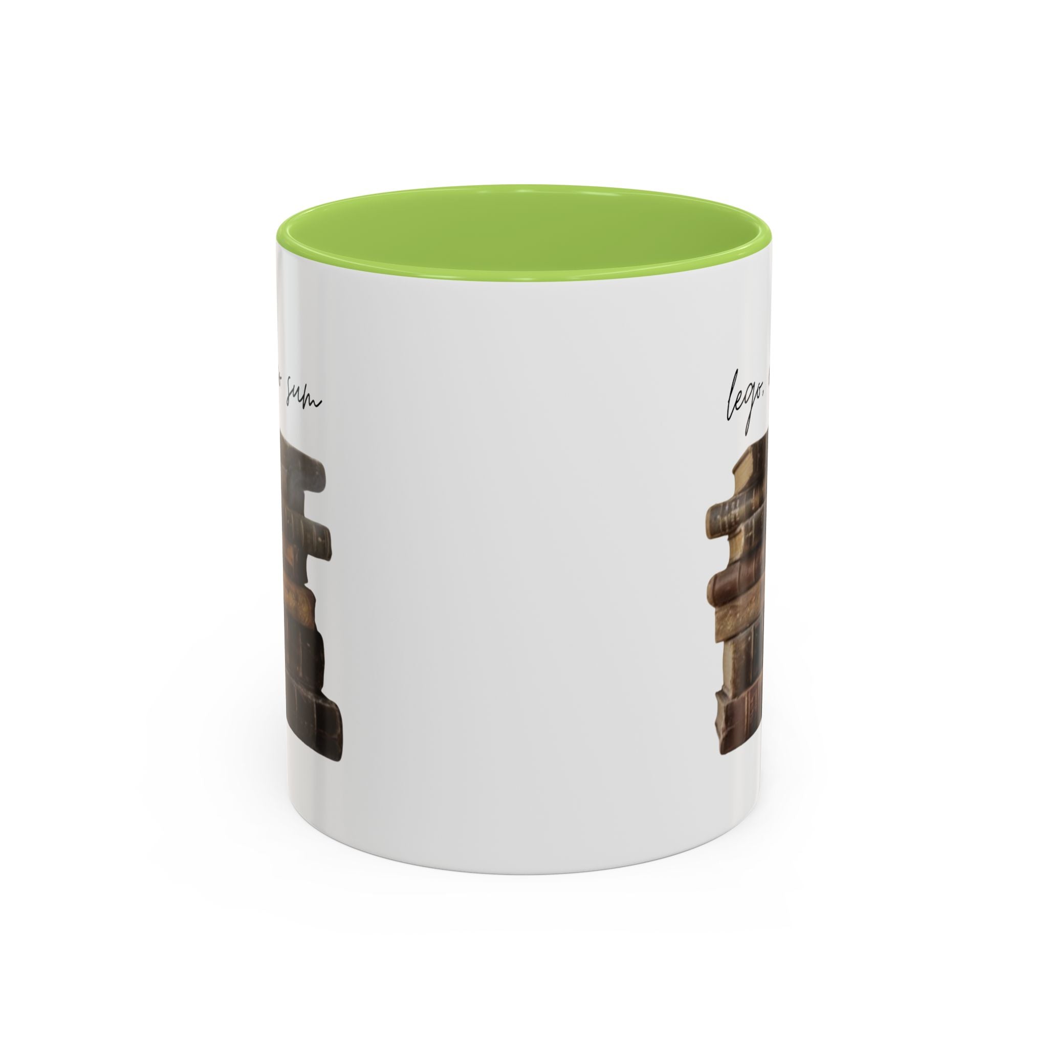 Accent Coffee Mug — 'Lego, Ergo Sum' Vintage Books Stack Ceramic Mug (11/15 oz)