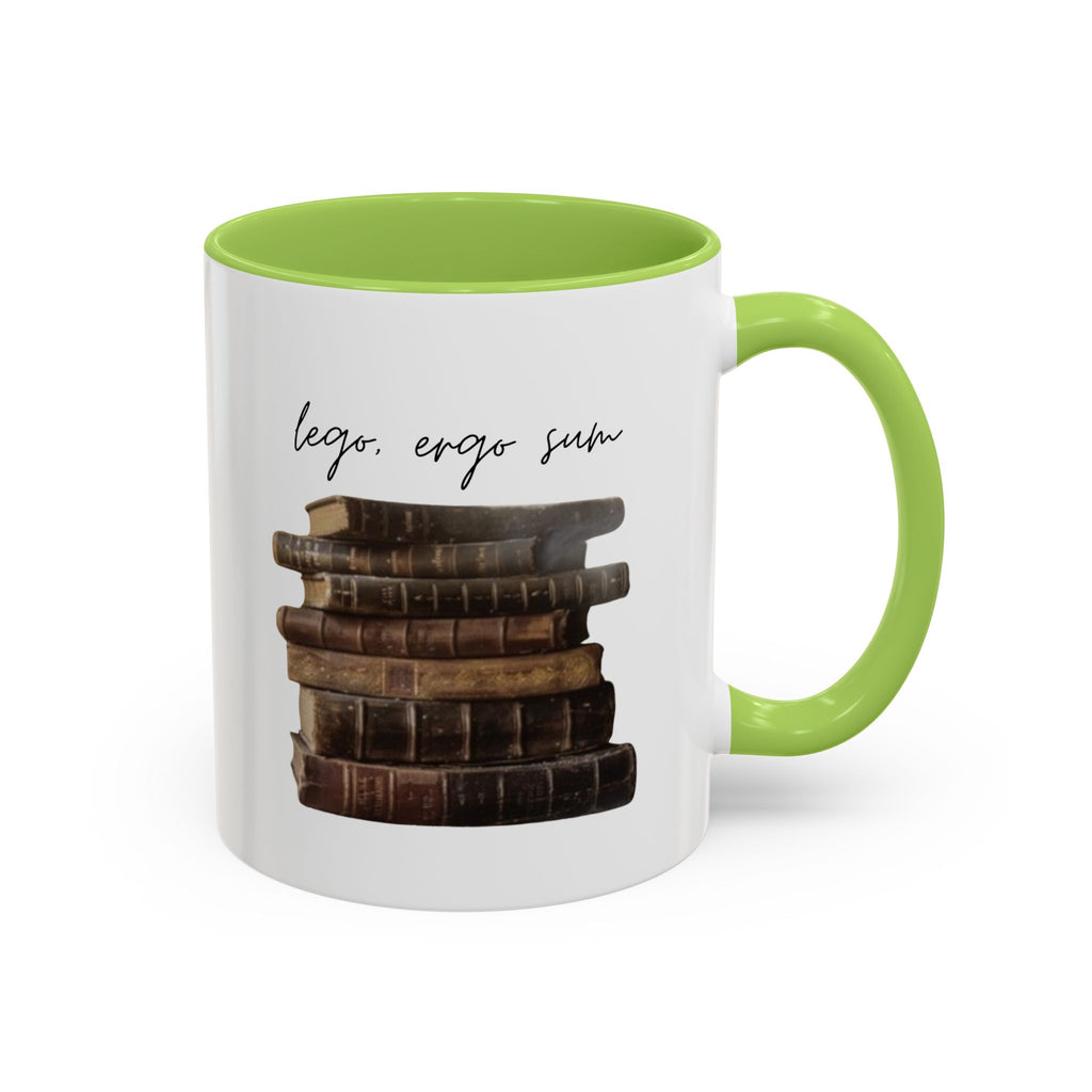 Accent Coffee Mug — 'Lego, Ergo Sum' Vintage Books Stack Ceramic Mug (11/15 oz)
