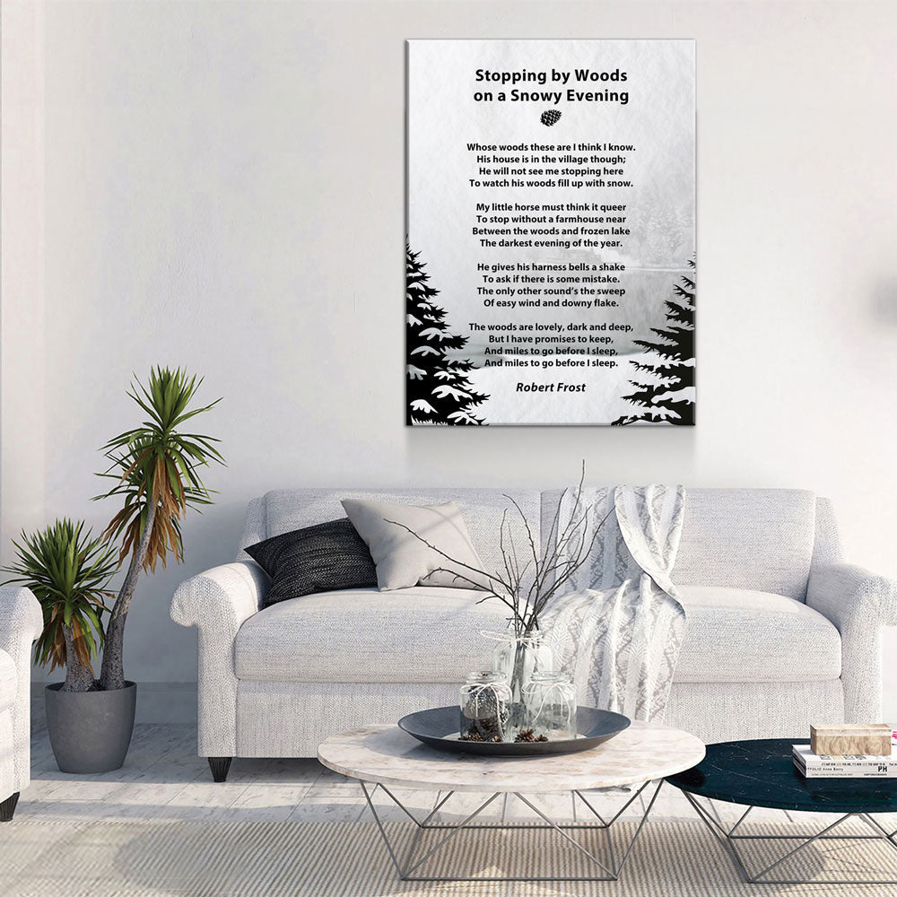 Stopping By Woods On a Snowy Evening Canvas Wall Art, Robert Frost Poem, 1922 Poem, Light Version