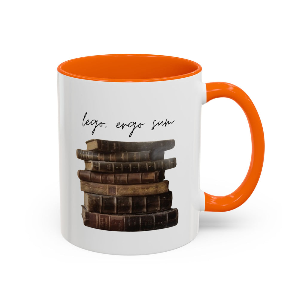 Accent Coffee Mug — 'Lego, Ergo Sum' Vintage Books Stack Ceramic Mug (11/15 oz)