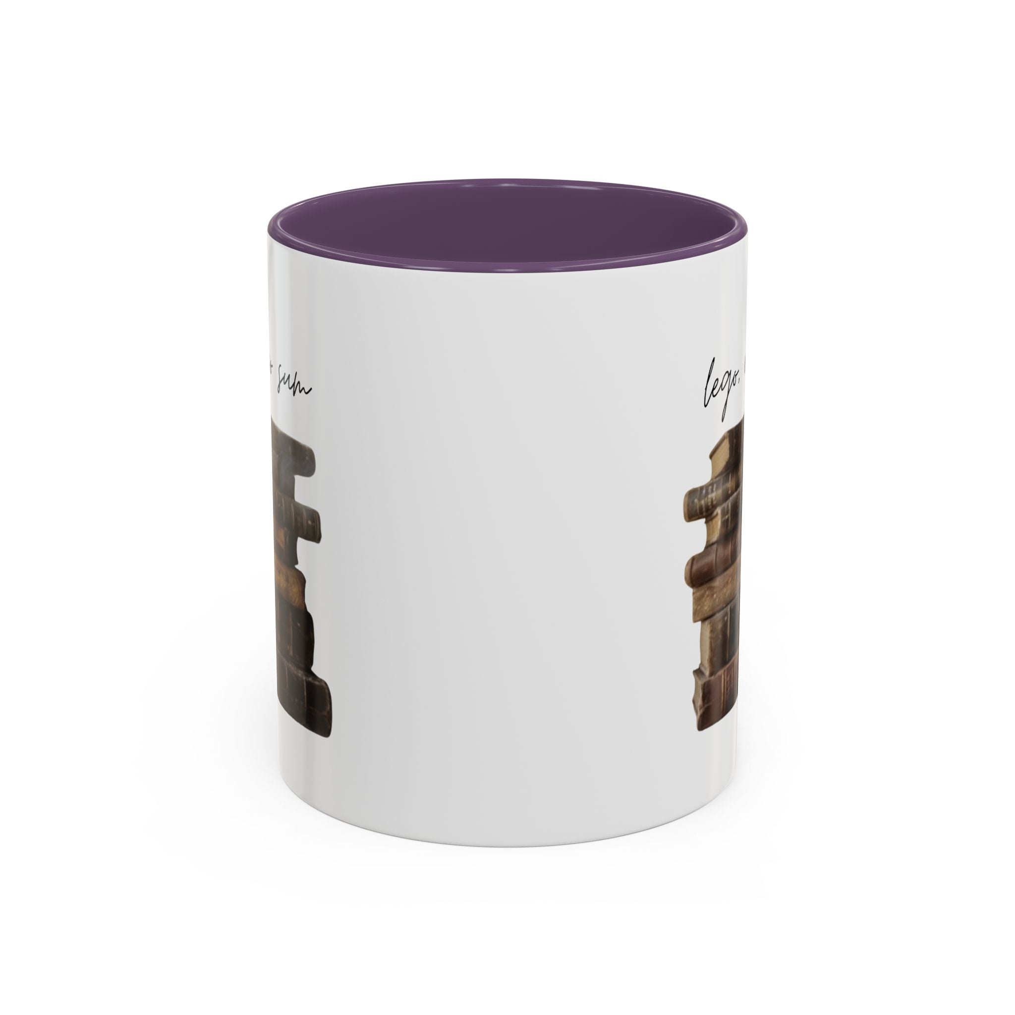 Accent Coffee Mug — 'Lego, Ergo Sum' Vintage Books Stack Ceramic Mug (11/15 oz)