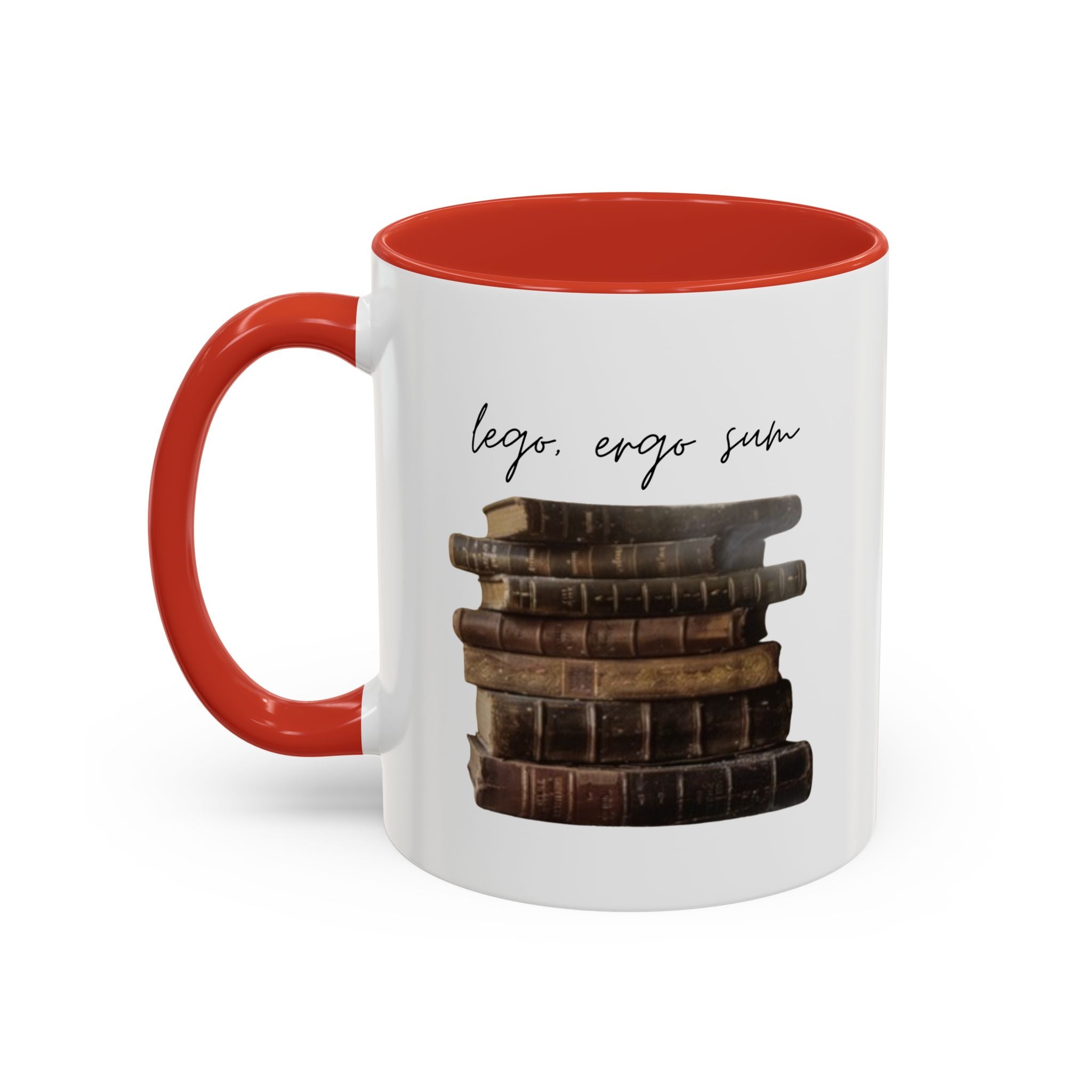 Accent Coffee Mug — 'Lego, Ergo Sum' Vintage Books Stack Ceramic Mug (11/15 oz)