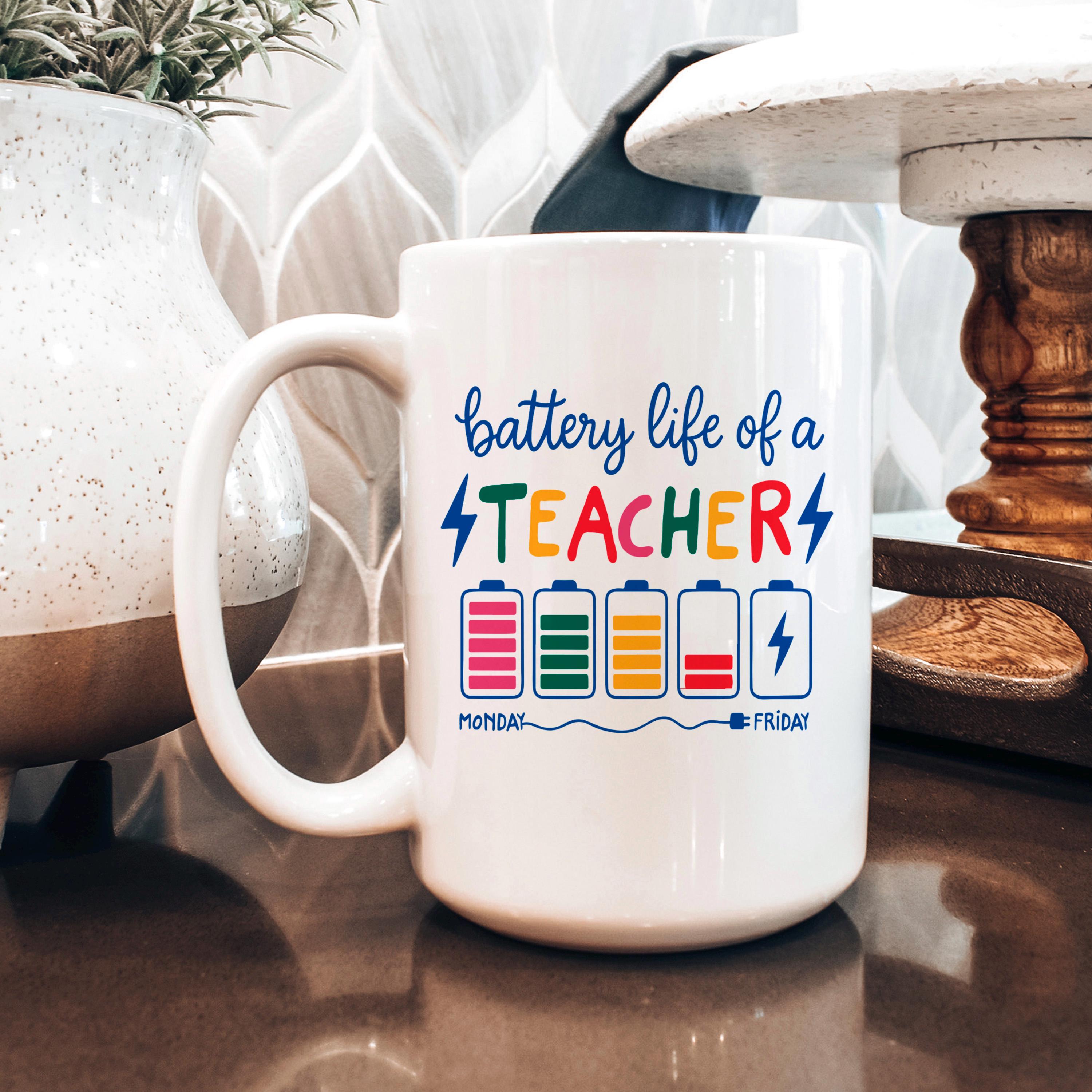 Funny Teacher Mug - Colorful Battery Graphic Ceramic Coffee Cup | Teacher Appreciation Gift