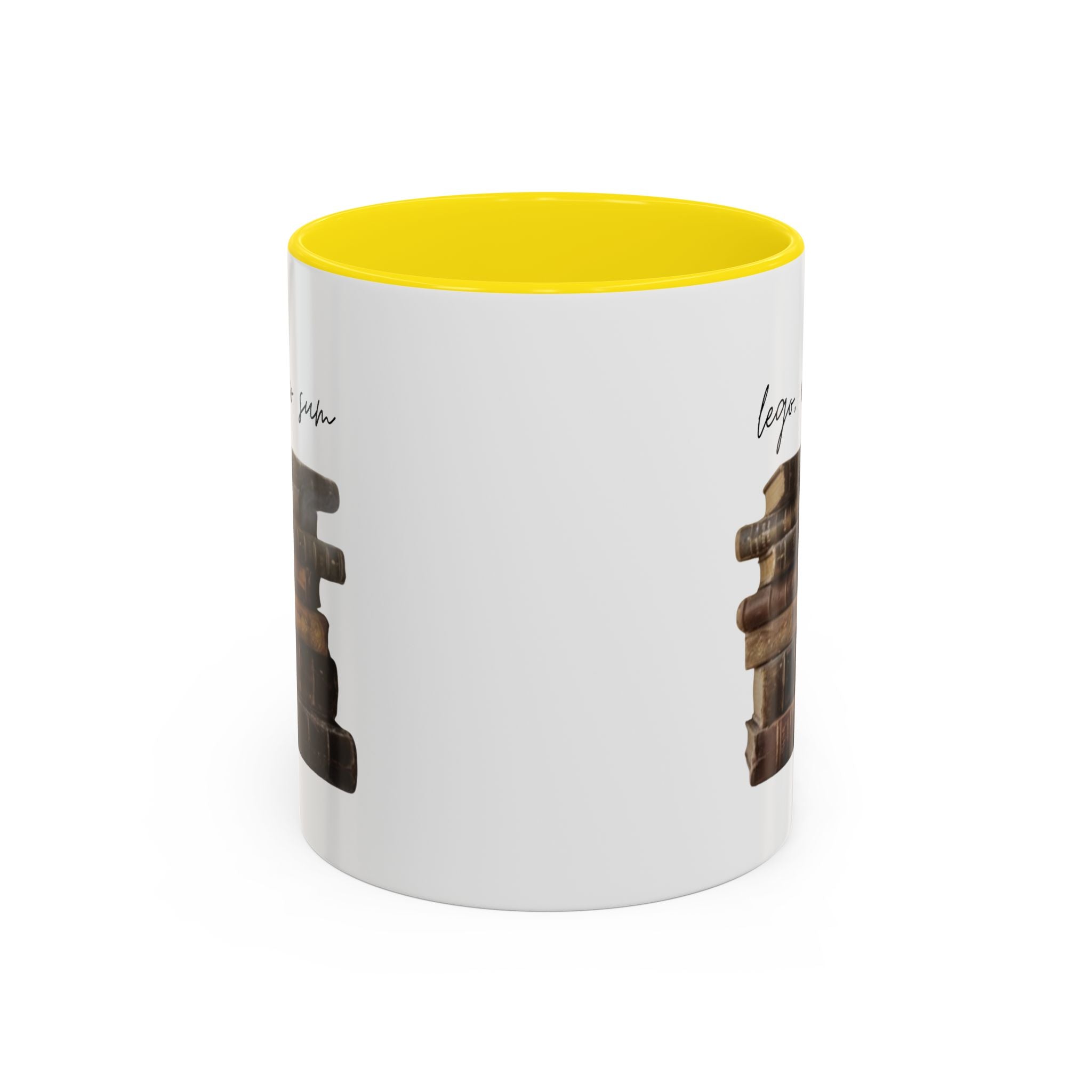 Accent Coffee Mug — 'Lego, Ergo Sum' Vintage Books Stack Ceramic Mug (11/15 oz)