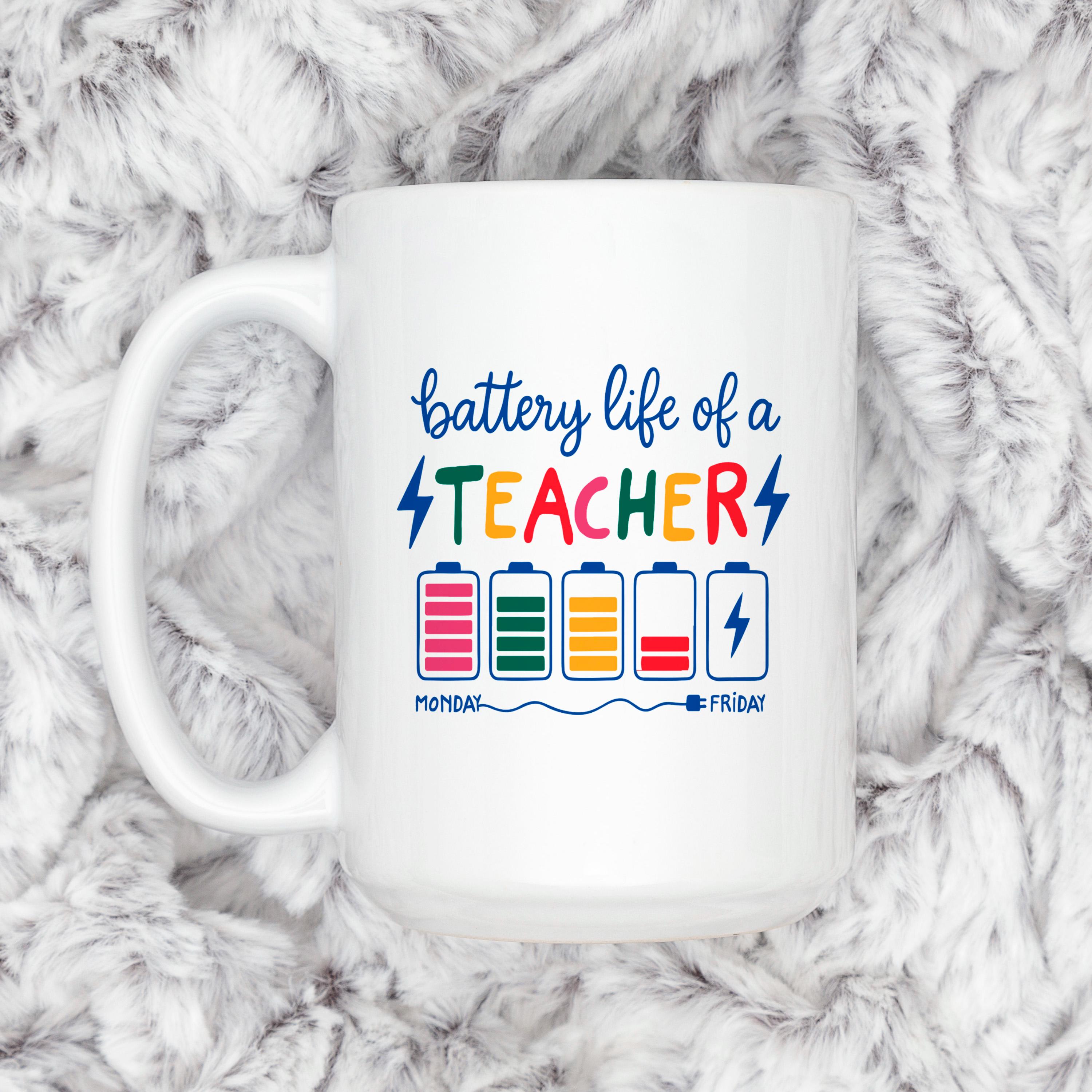 Funny Teacher Mug - Colorful Battery Graphic Ceramic Coffee Cup | Teacher Appreciation Gift