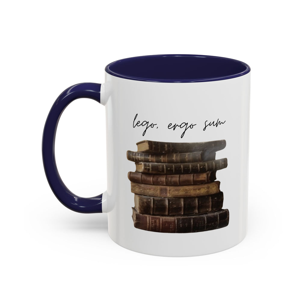 Accent Coffee Mug — 'Lego, Ergo Sum' Vintage Books Stack Ceramic Mug (11/15 oz)