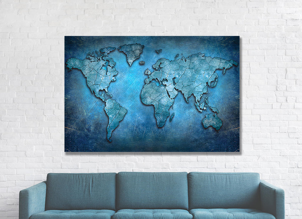 World Map Canvas, Blue Abstract World Map Canvas Wall Art, Earth Map, World Map