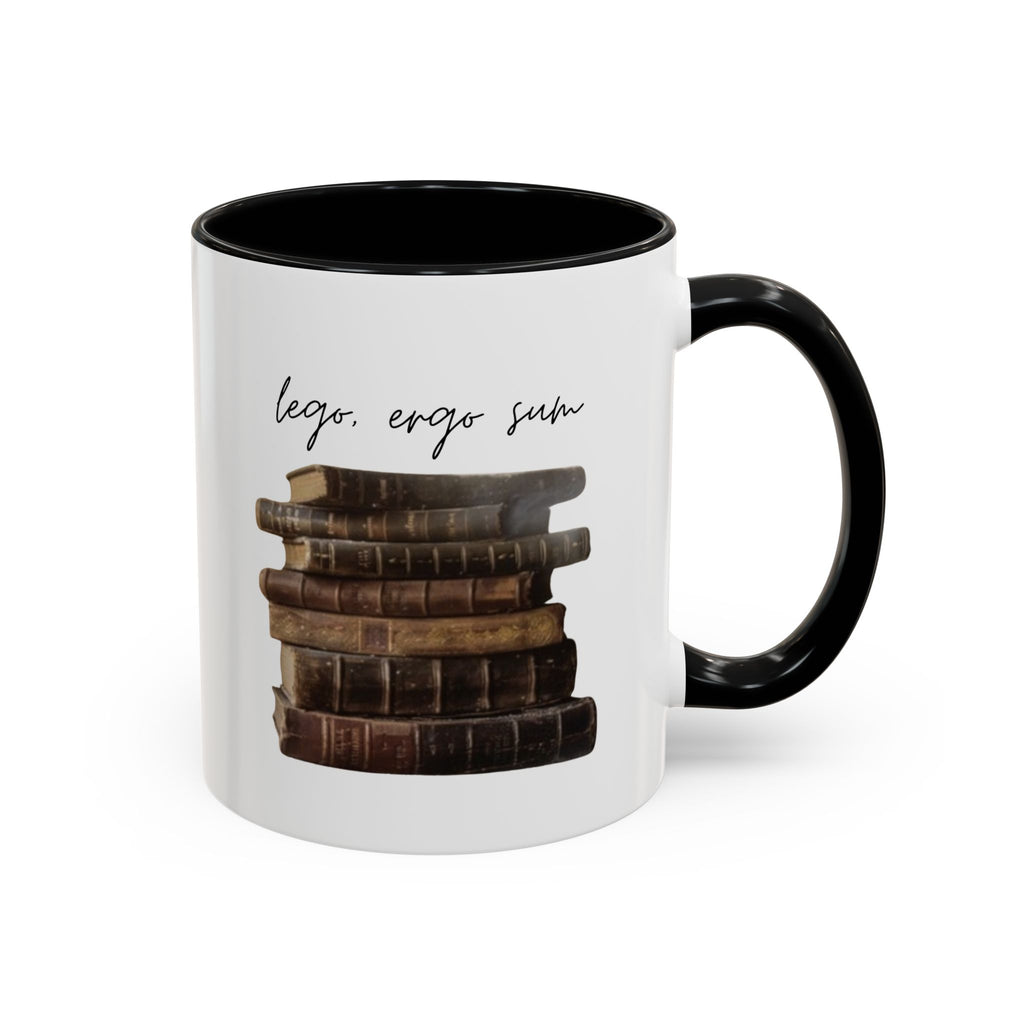 Accent Coffee Mug — 'Lego, Ergo Sum' Vintage Books Stack Ceramic Mug (11/15 oz)