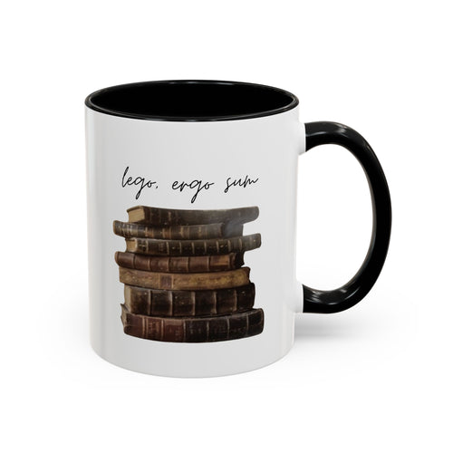 Accent Coffee Mug — 'Lego, Ergo Sum' Vintage Books Stack Ceramic Mug (11/15 oz)