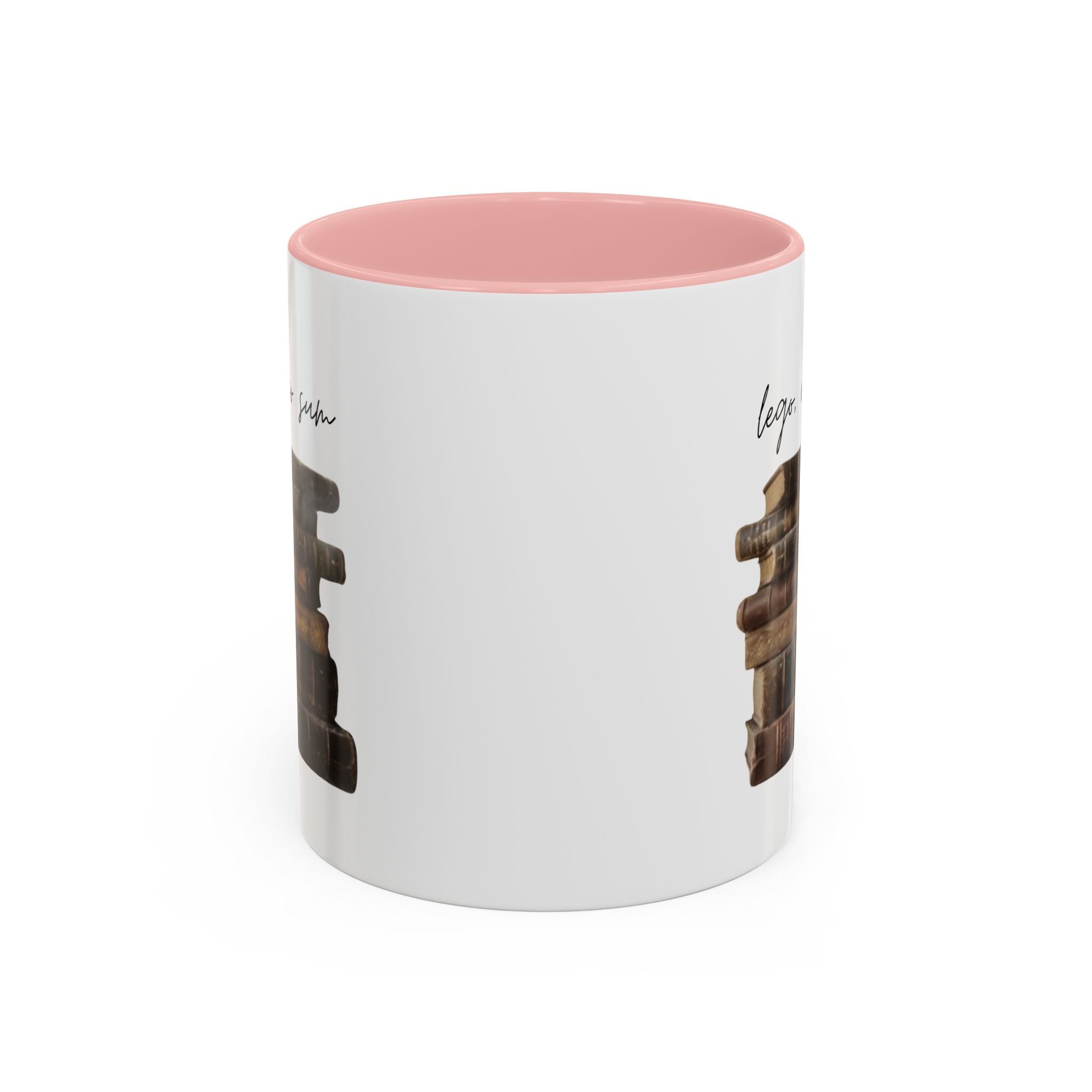 Accent Coffee Mug — 'Lego, Ergo Sum' Vintage Books Stack Ceramic Mug (11/15 oz)