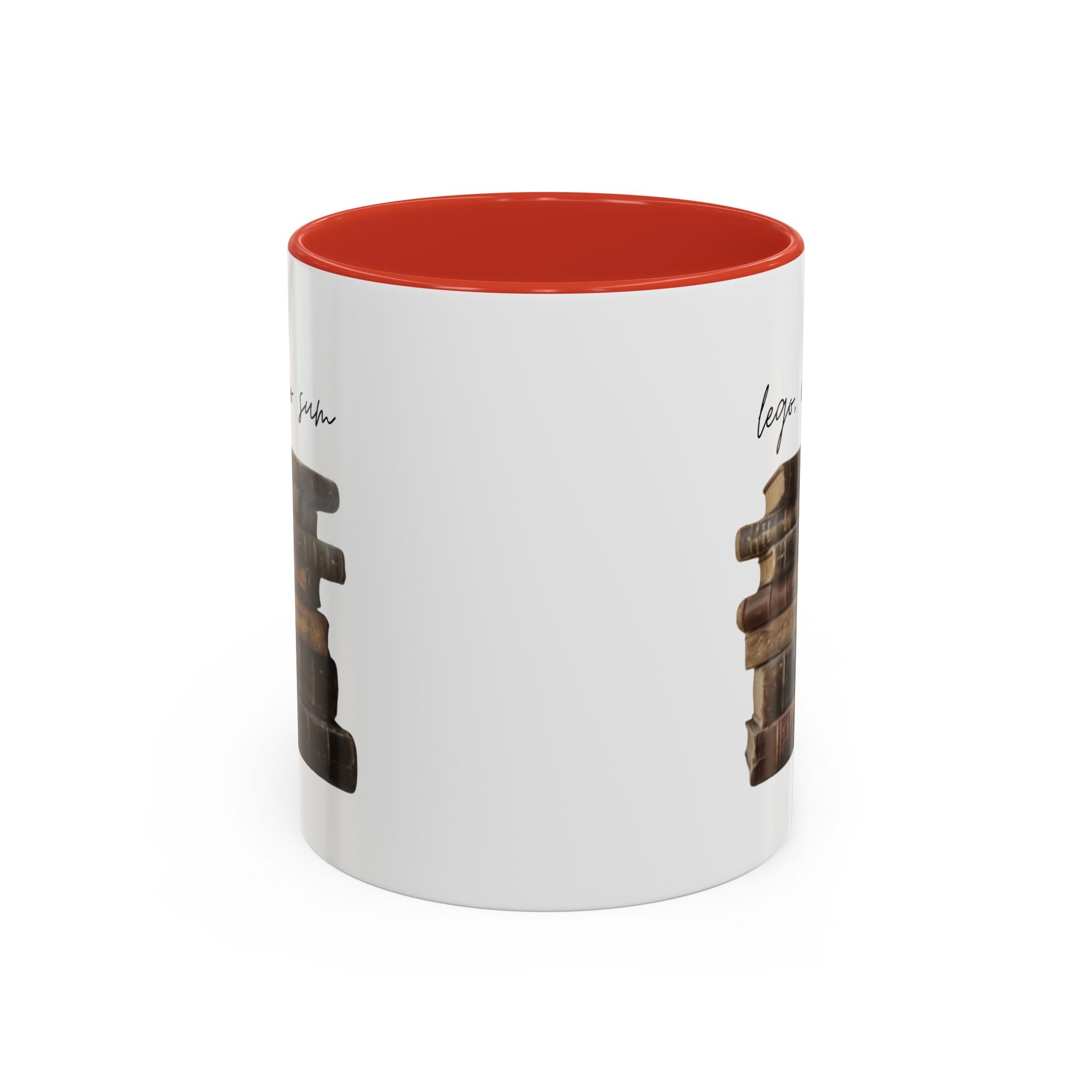 Accent Coffee Mug — 'Lego, Ergo Sum' Vintage Books Stack Ceramic Mug (11/15 oz)