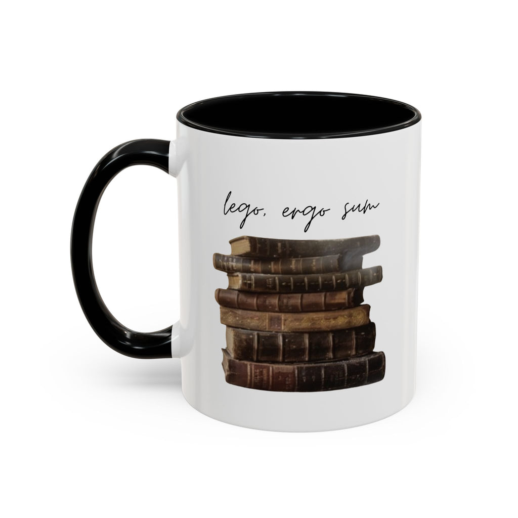 Accent Coffee Mug — 'Lego, Ergo Sum' Vintage Books Stack Ceramic Mug (11/15 oz)