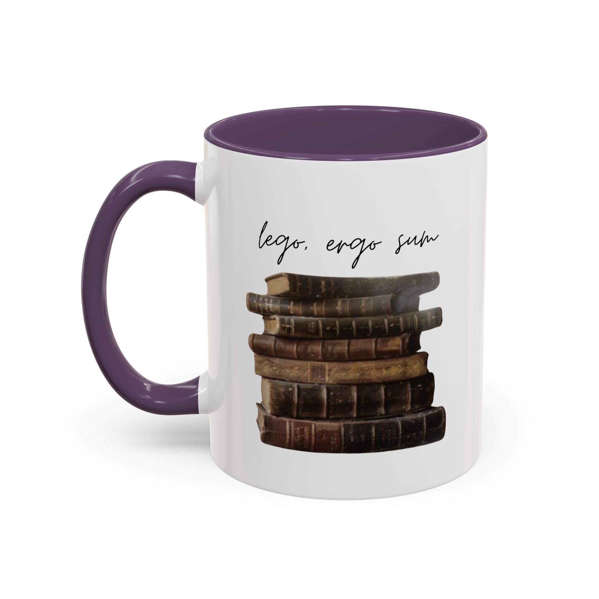 Accent Coffee Mug — 'Lego, Ergo Sum' Vintage Books Stack Ceramic Mug (11/15 oz)