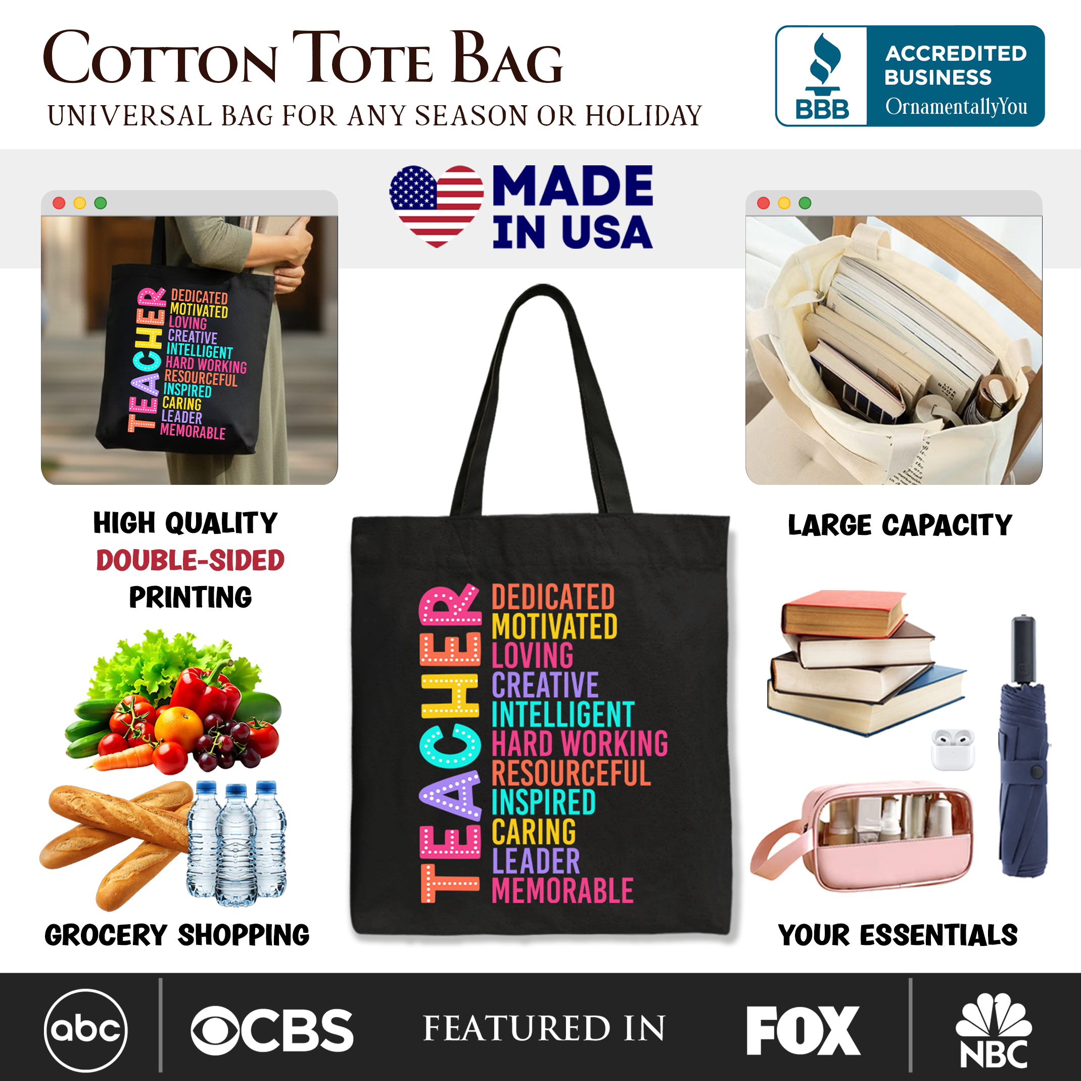 Colorful Teacher Acronym Tote Bag, Motivational Gift Shopper for Educators