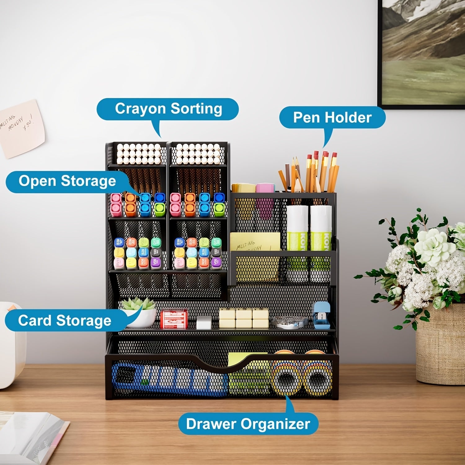Iron Mesh Desk Organizer Multi-Layer Stationery Storage Box Office School Supplies