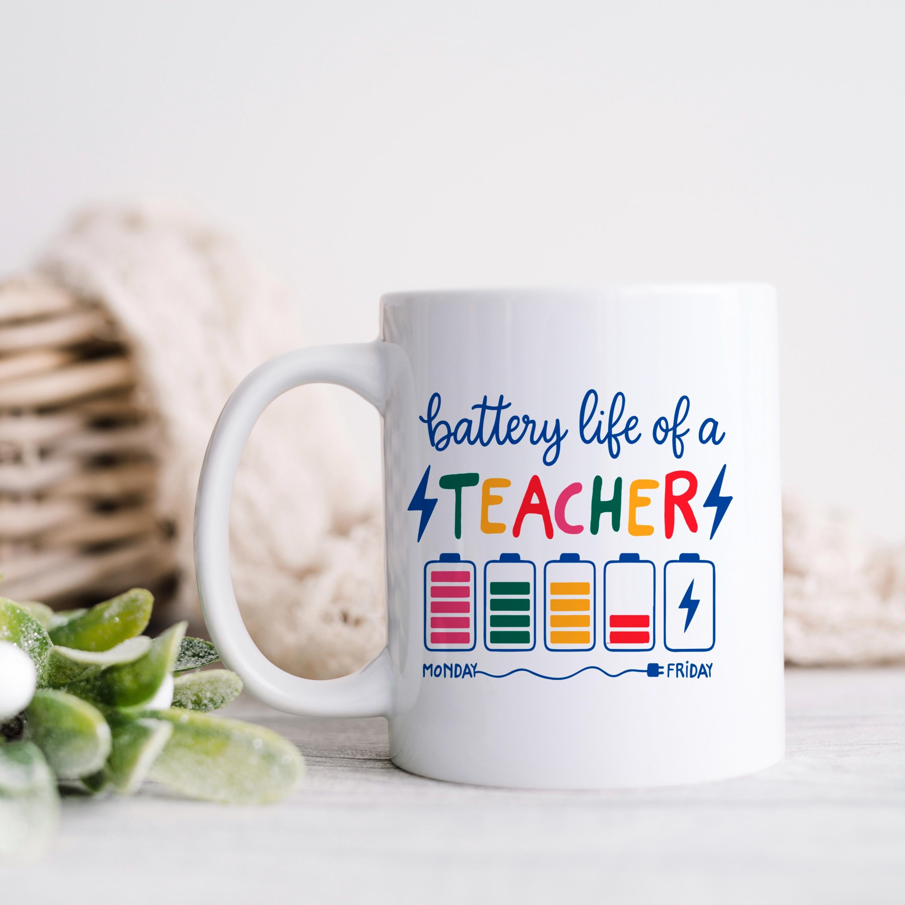 Funny Teacher Mug - Colorful Battery Graphic Ceramic Coffee Cup | Teacher Appreciation Gift