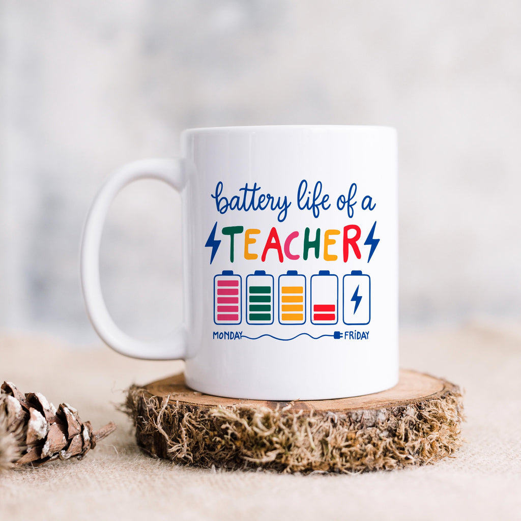Funny Teacher Mug - Colorful Battery Graphic Ceramic Coffee Cup | Teacher Appreciation Gift