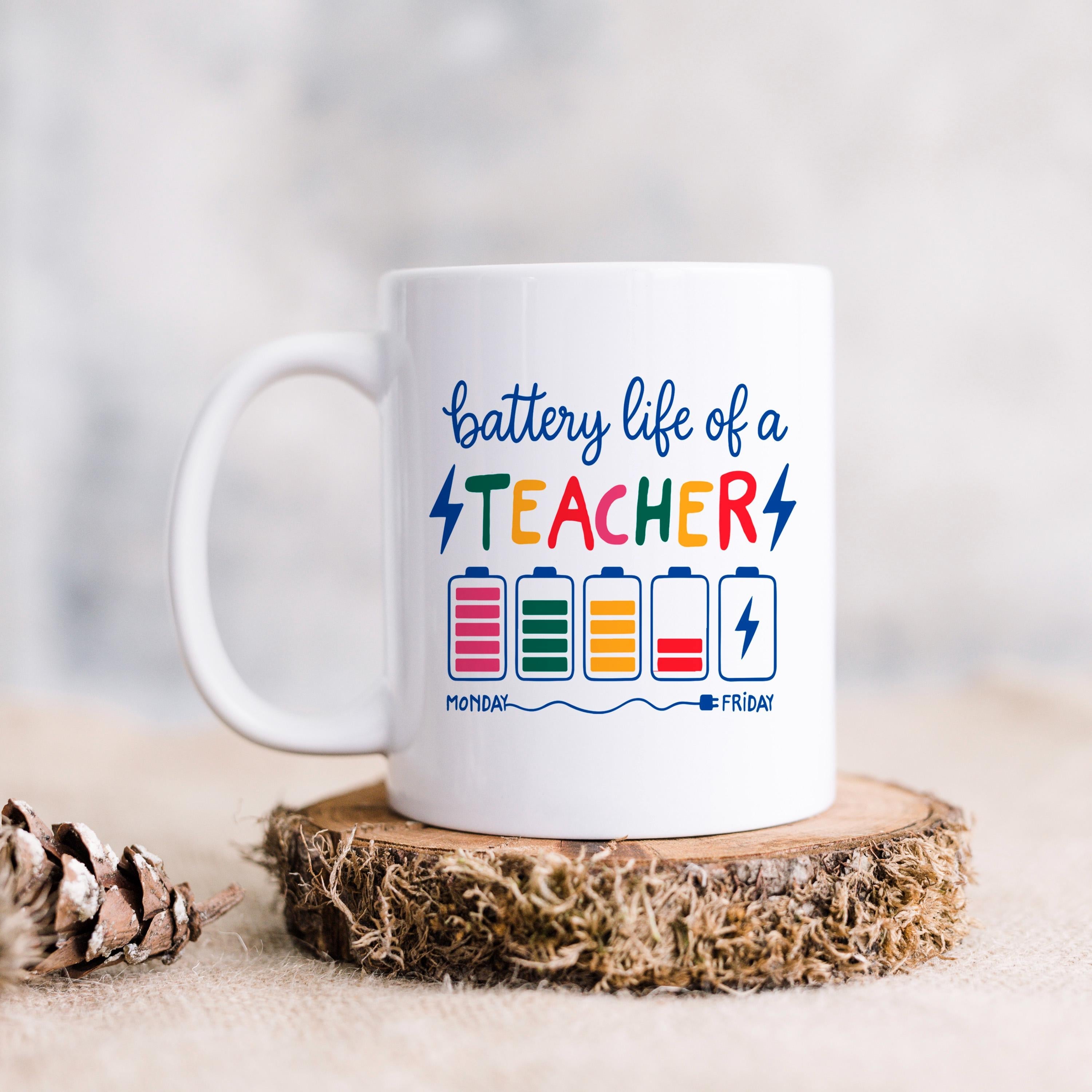 Funny Teacher Mug - Colorful Battery Graphic Ceramic Coffee Cup | Teacher Appreciation Gift
