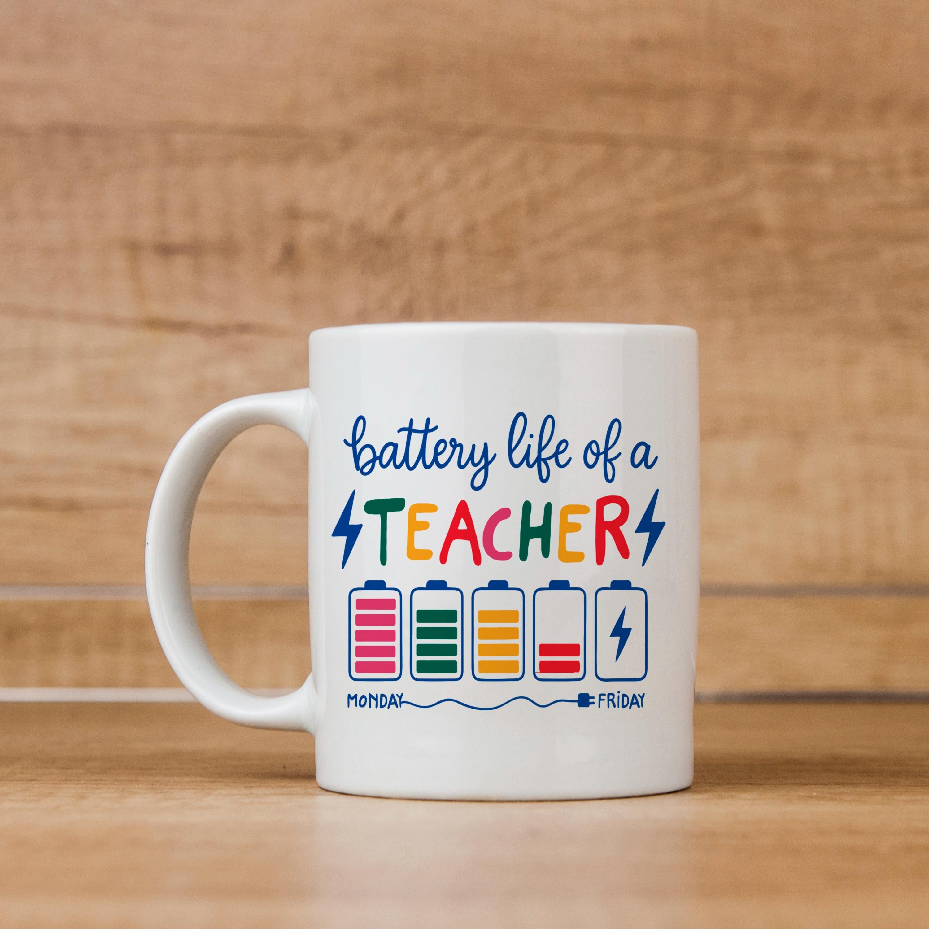 Funny Teacher Mug - Colorful Battery Graphic Ceramic Coffee Cup | Teacher Appreciation Gift
