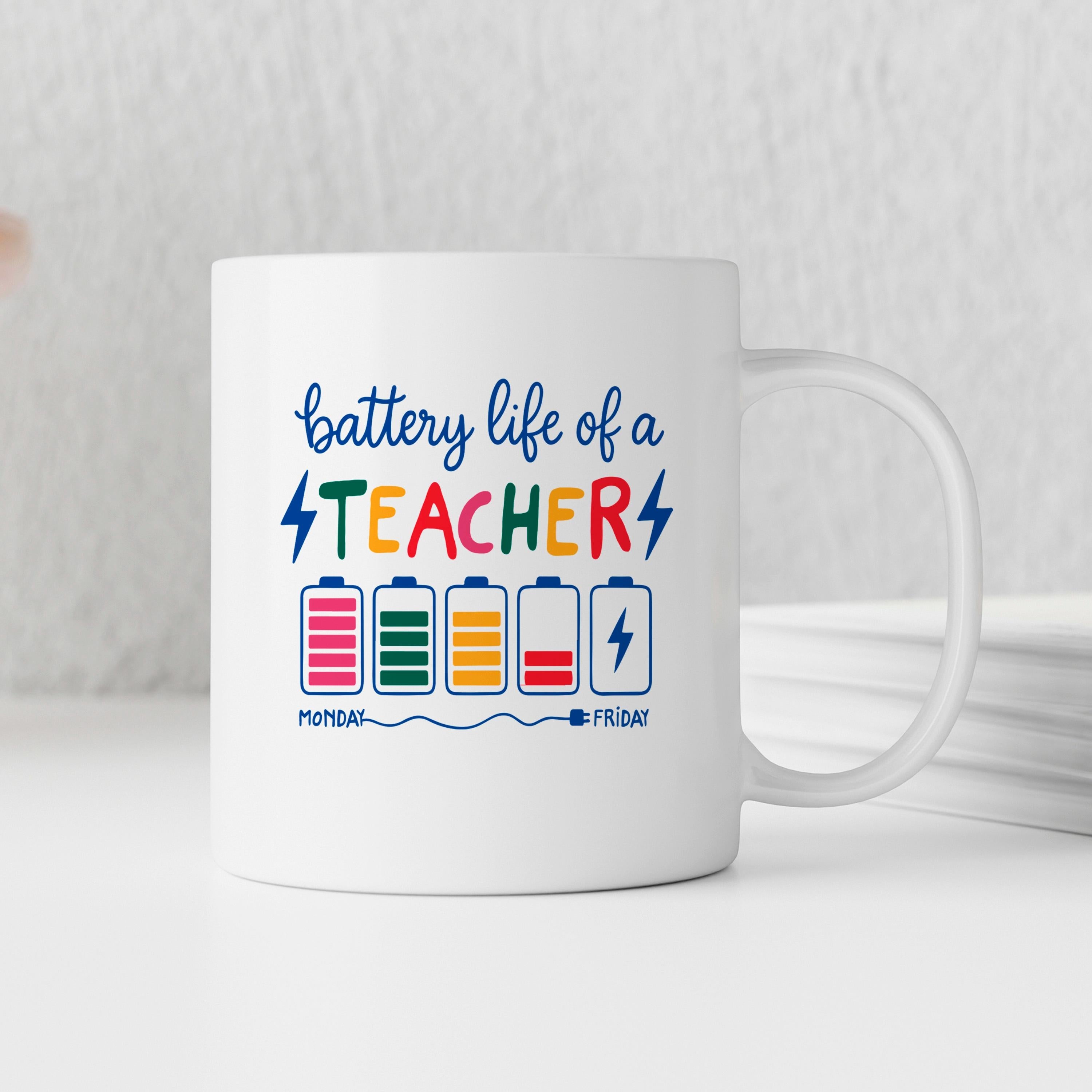 Funny Teacher Mug - Colorful Battery Graphic Ceramic Coffee Cup | Teacher Appreciation Gift